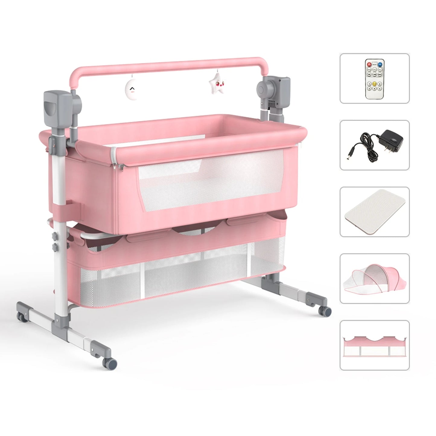 Automatic Rocking Baby Bassinet With Remote And Wheels Bedside Sleeper 0-6M