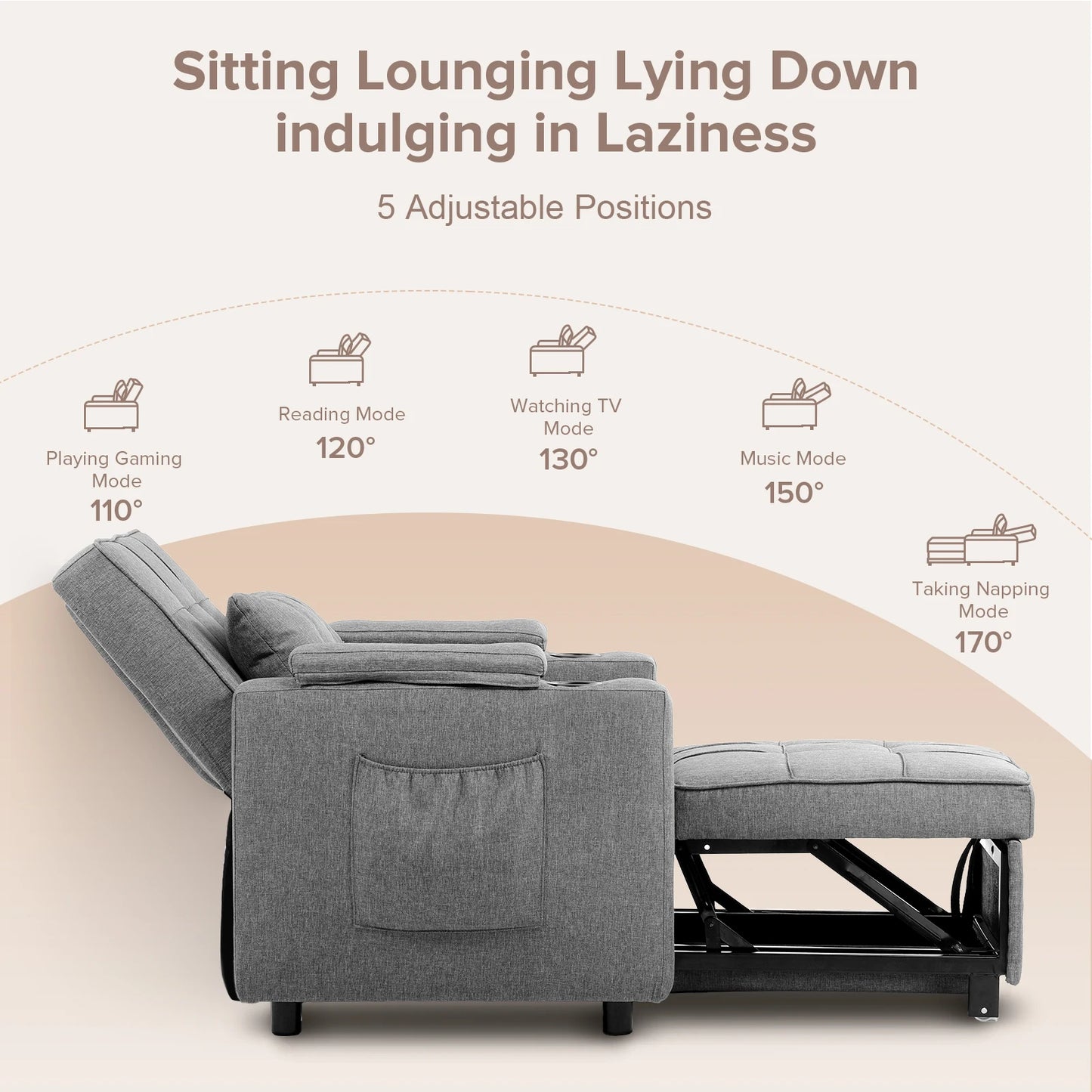 Convertible Sofa Bed Armchair With Cup Holder Dark Grey