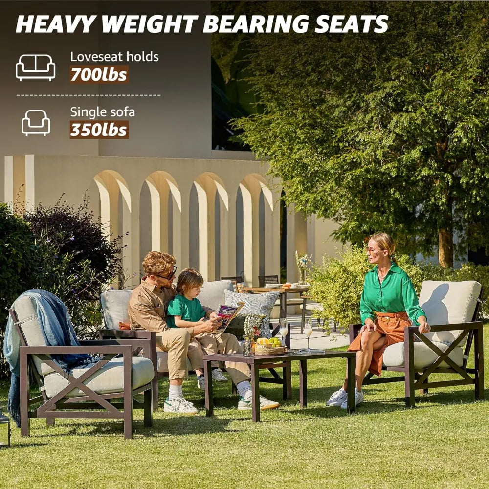 "4-Piece Patio Furniture Set, Outdoor Sectional Metal Conversation Set with Loveseat & 2 Single Chairs – Ideal for Small Spaces