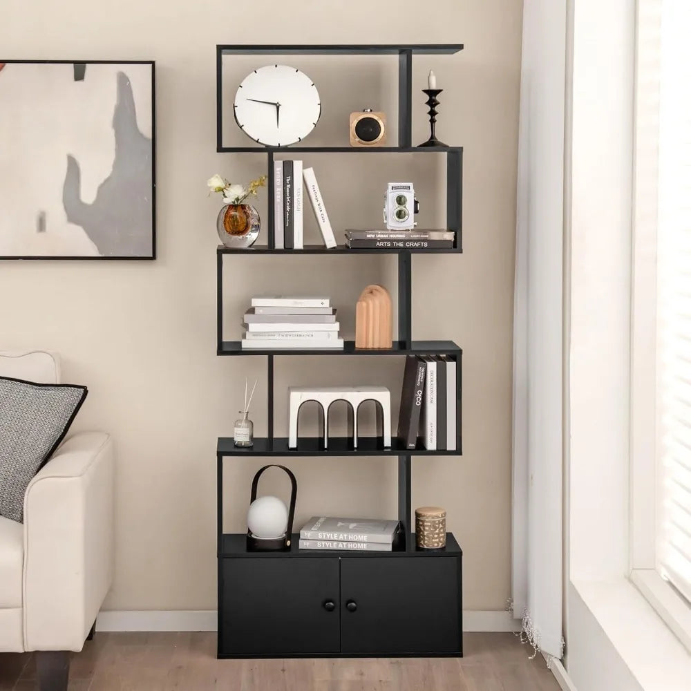 6-Tier Tall Bookcase with Cabinet, Anti-Tipping, Home Storage Organizer, Geometric Style