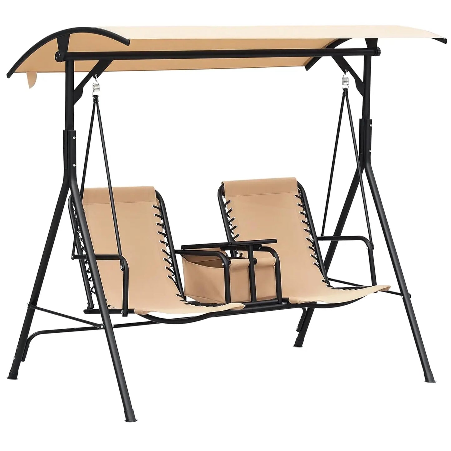 Two Seat Outdoor Patio Swing Chair With Canopy Glider Storage Table Cup Holder