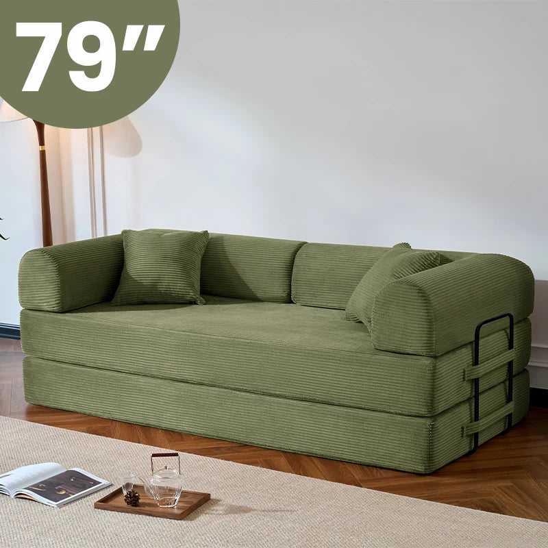 79 Inch Folding Sofa Bed Corduroy Upholstered Loveseat Sleeper For Living Room