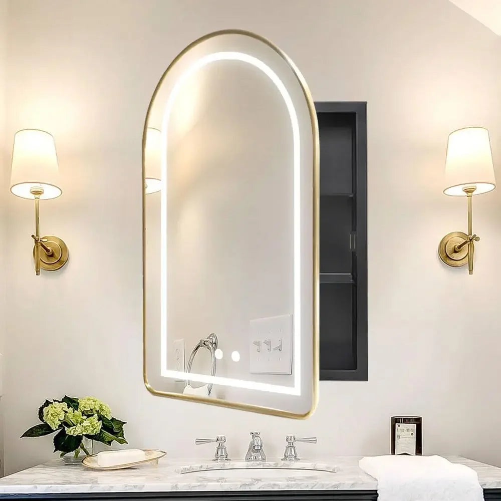 Lighted Arched Medicine Cabinet with LED Mirror - 20x31 Inch Recessed Bathroom Storage, Gold Arched Wall Mounted Mirror Cabinet