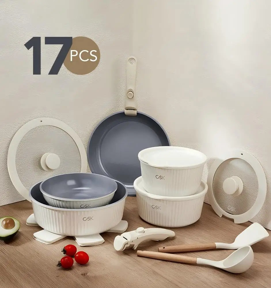 KOCH SYSTEME CS 17pcs Pots and Pans Set, Nonstick Ceramic Cookware Set Detachable Handle, Induction Pot and Pan Set