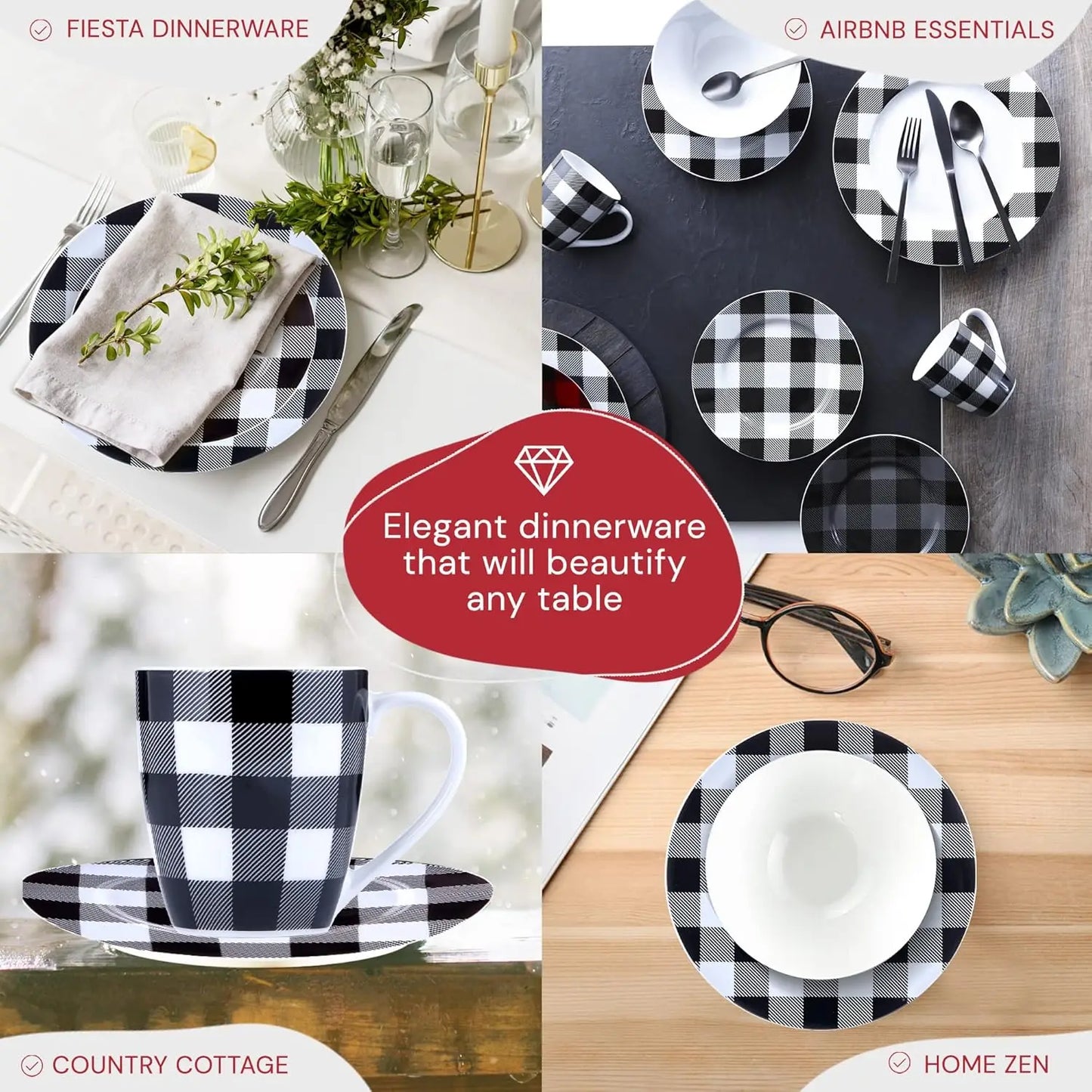 Winter Frost White And Black Modern Dinnerware Set 16 Piece Plaid Plates Bowls