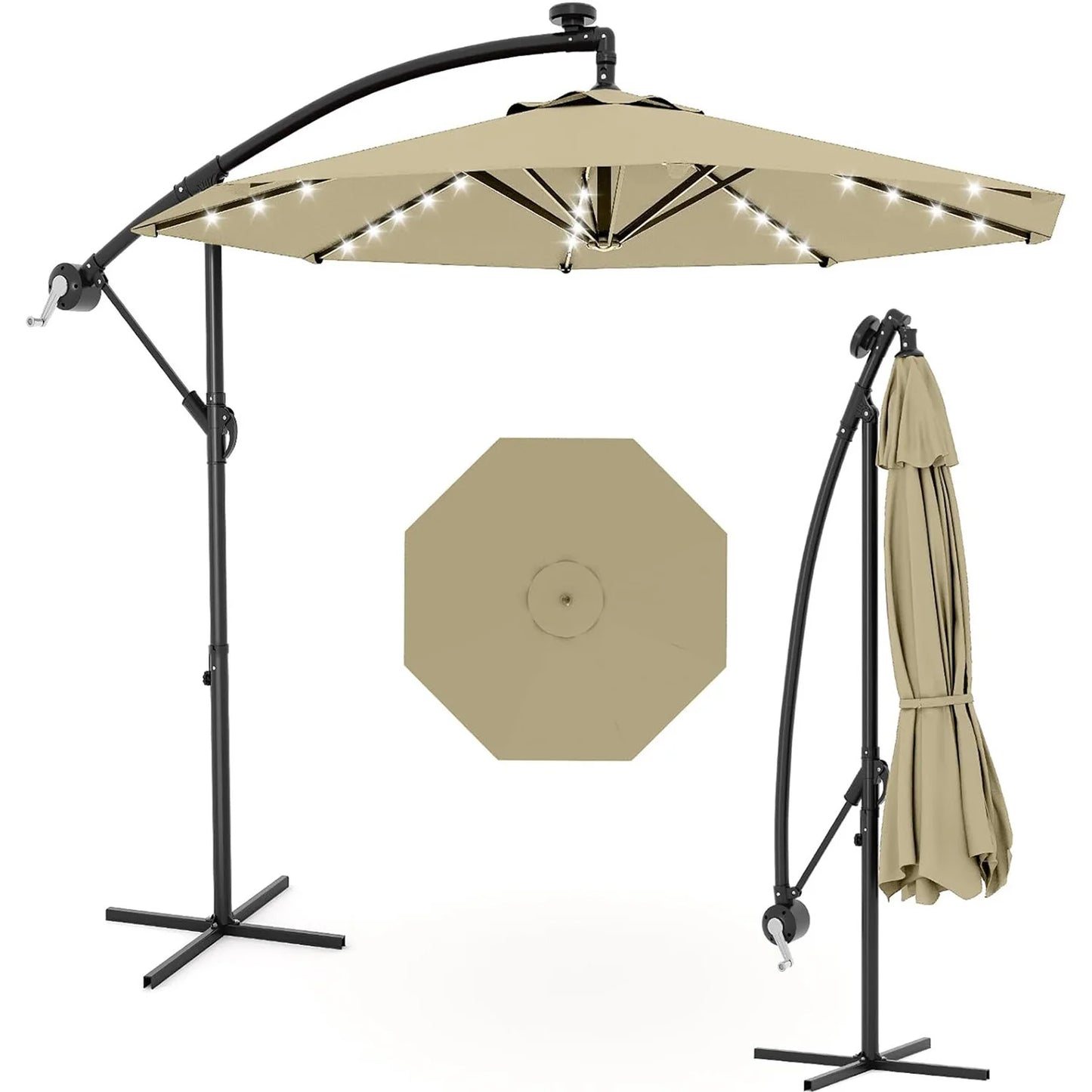 10Ft Cantilever Offset Patio Umbrella With Solar LED Lights