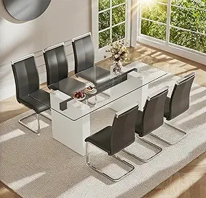 71Inch Glass Dining Table Set For 6 With Tempered Glass