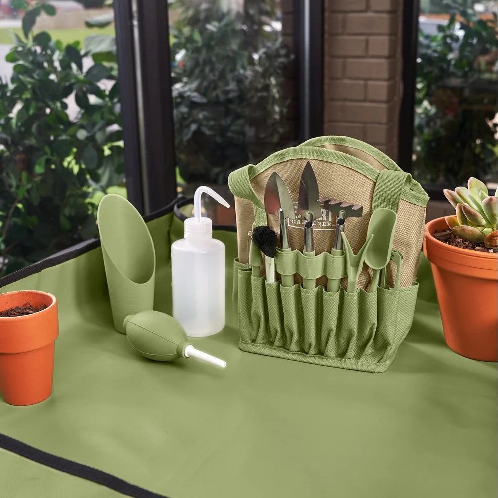14 Piece Indoor Gardening Tool Set Stainless Steel Durable Tools Watering Bottle Tarp Mat Carrying Bag Perfect Plant Care