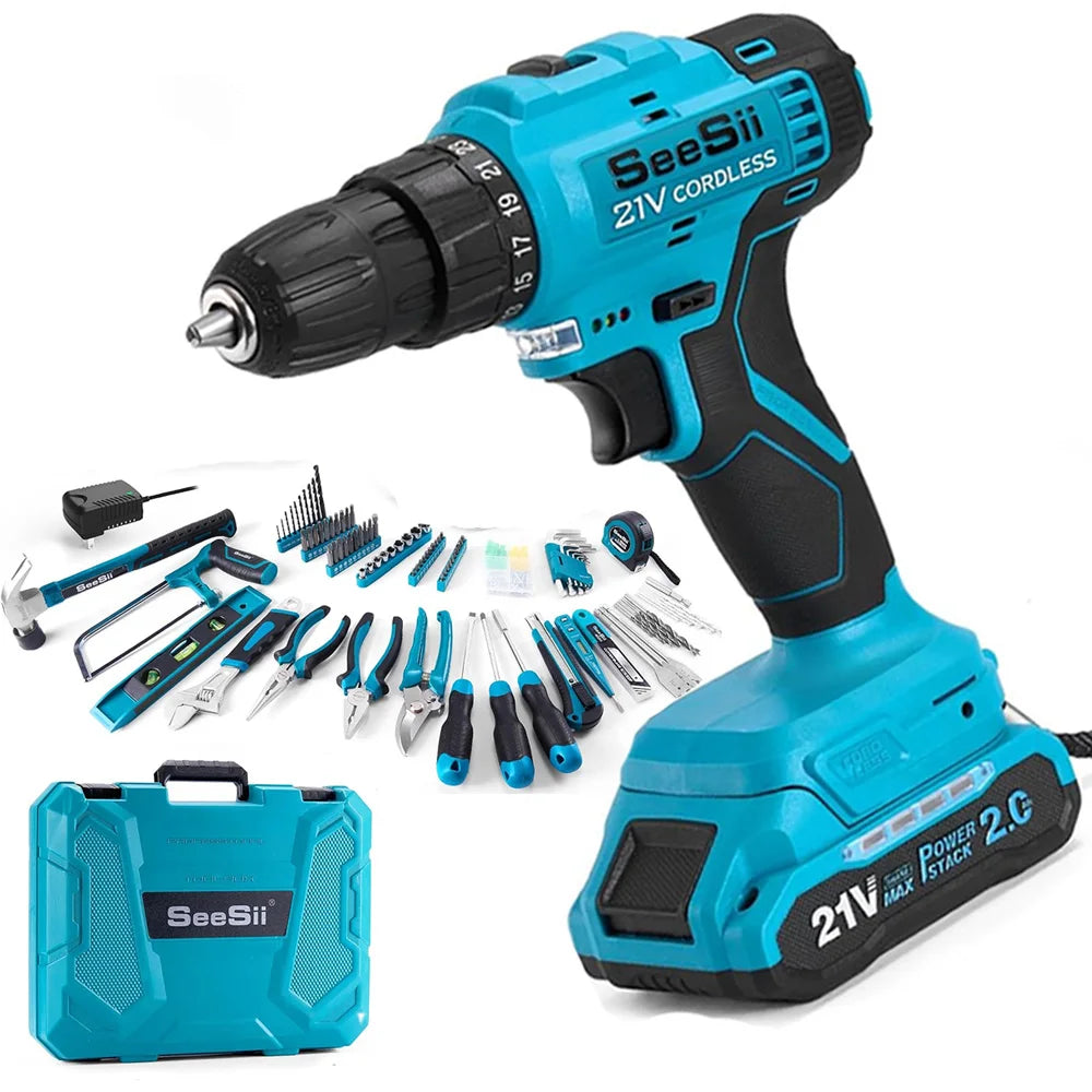 Seesii Tool Kit with Drill 25+1 Torque adjustment Cordless Electric Drill 230PCS Tool Kit for Home Repair Woodworking Gardening