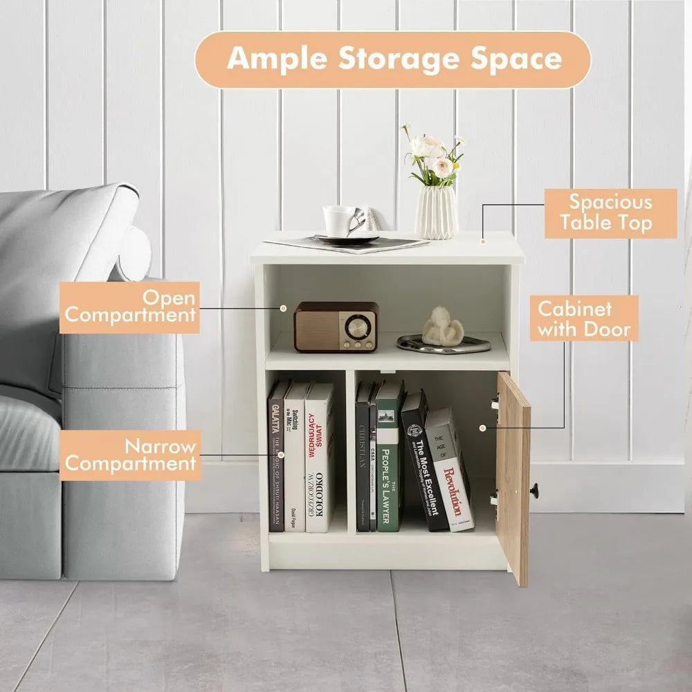 White Nightstands Set of 2 with Door and Open Shelves