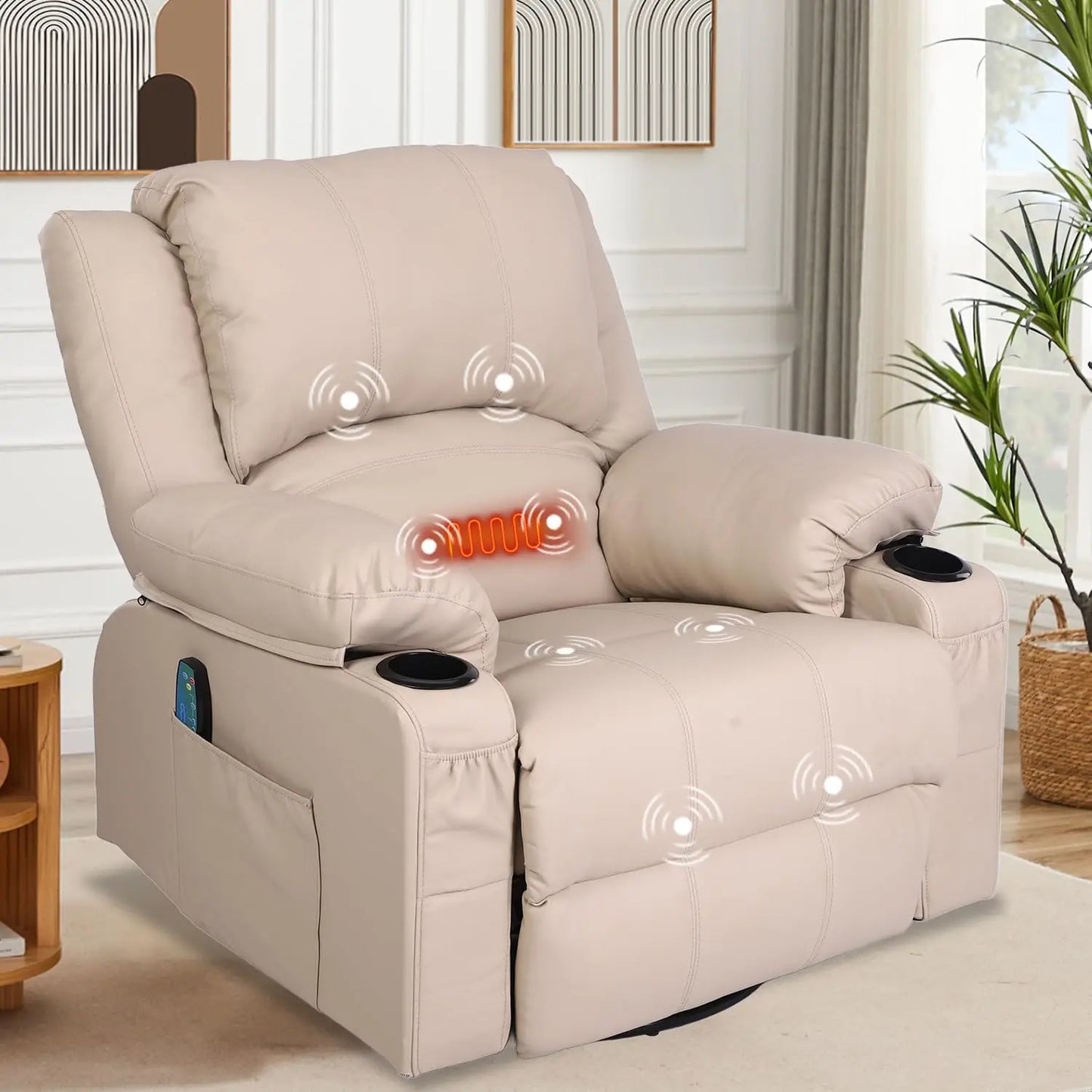Rocker Recliner Chair with Massage and Heated,Overstuffed Leather Swivel Rocking Recliner Chairs for Adults, Manual Lounge Chair