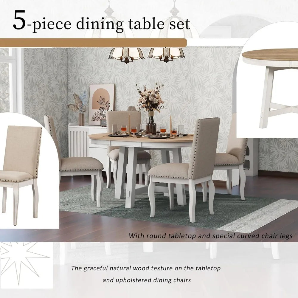 Farmhouse Round Extendable Dining Table Set With 4 Chairs