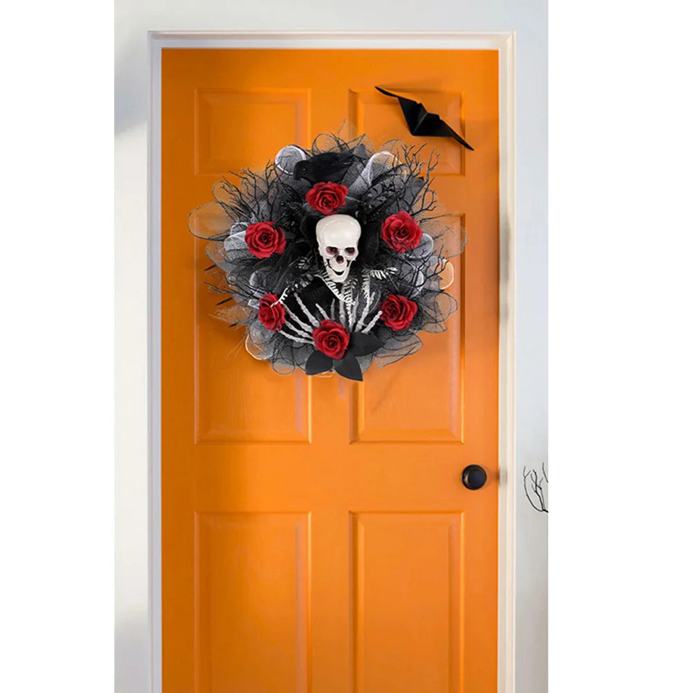 Halloween Wreath Skull Wreath with Red Artificial Roses Halloween Skeleton Wreath for Front Door Halloween Decorations