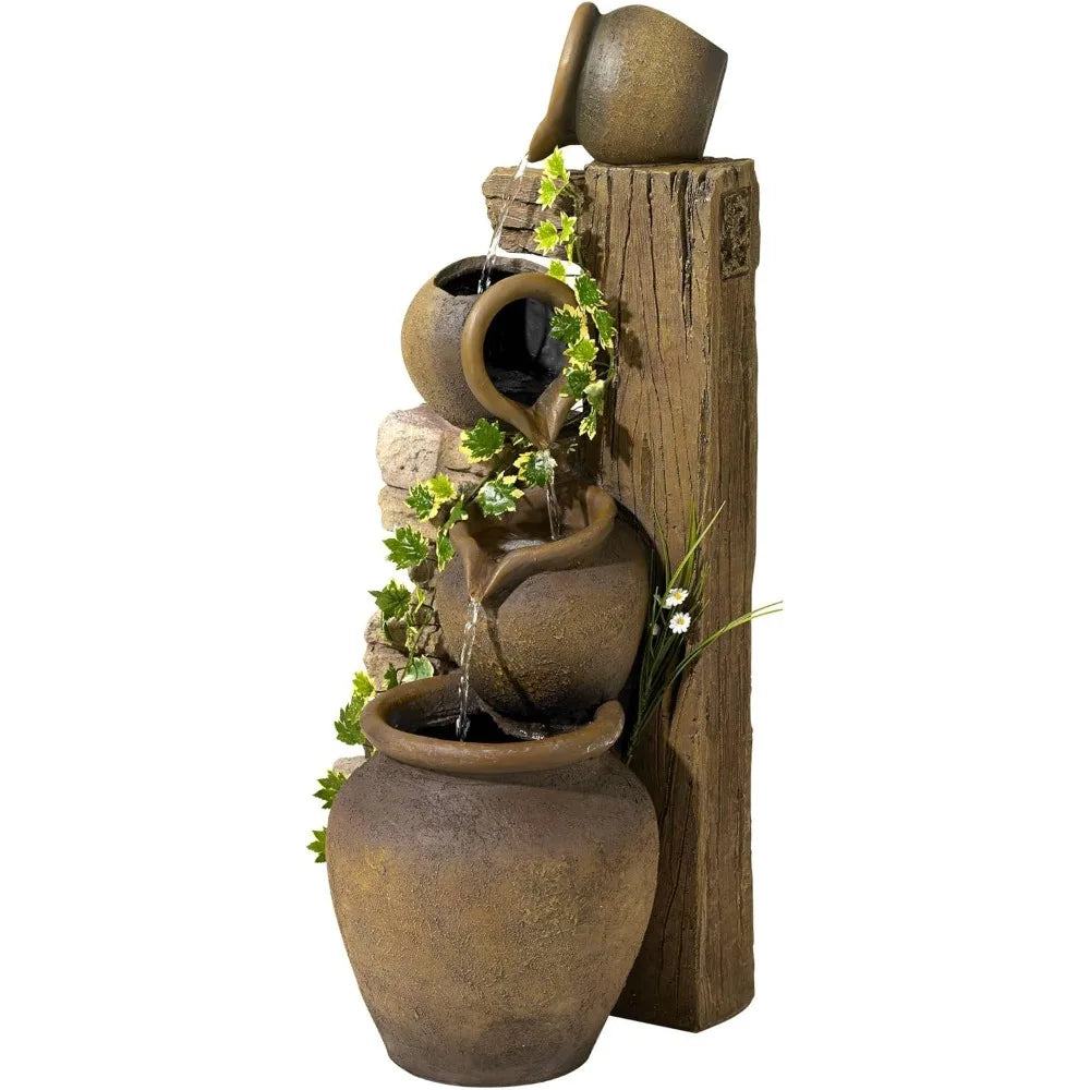 Large Rustic Tiered Stone-Look Floor Fountain with Cascading Waterfall for Indoor or Outdoor Decor