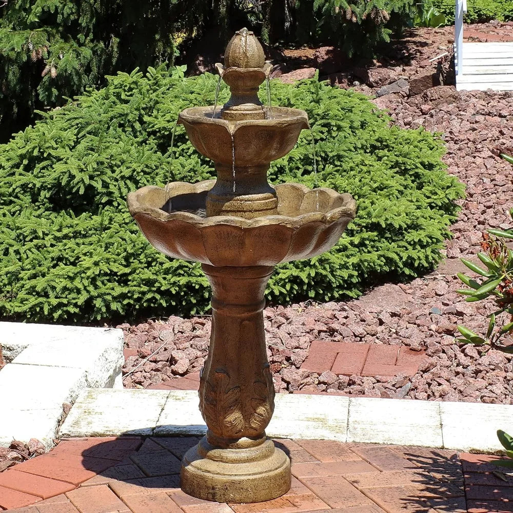 Blooming Flower 38-Inch 2-Tier Outdoor Water Fountain with Electric Submersible Pump for Garden, Patio or Yard
