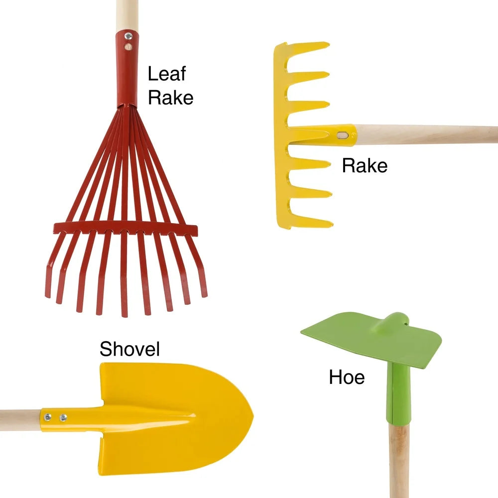 Kid's Garden Tool Set 4-Piece Wooden Handles Safe Edges Durable Metal Tools Outdoor Activity Learning Gardening Nature