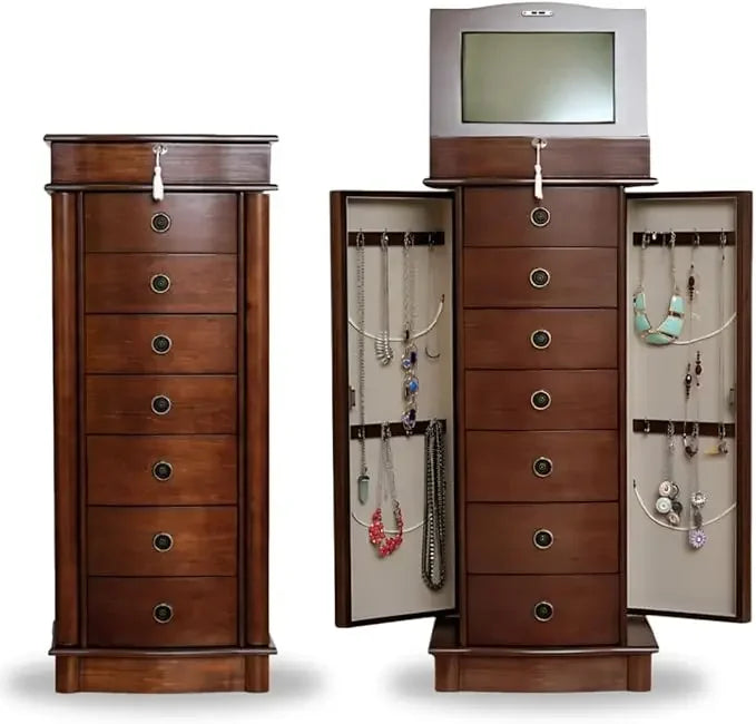 Locking Jewelry Storage Organizer with Top Flip Mirror, 7 Drawers, Jewelry Chest Armoire, Jewelry Box for Necklace, Earring