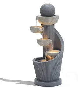 29 Inch Cascading Resin Water Fountain with LED Lights, Modern Indoor Garden Decor, Small Water Feature