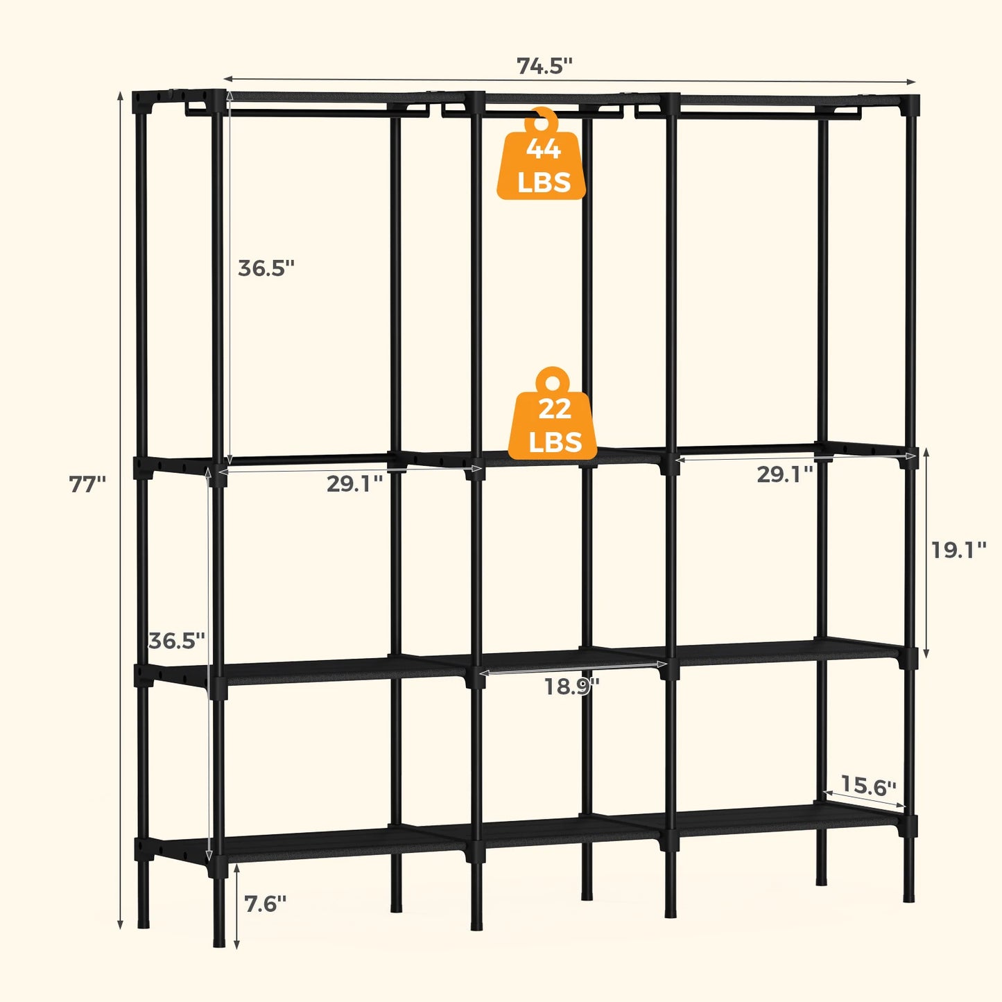 3 Tier Portable Wardrobe With Hanging Rods And Storage Shelves For Home