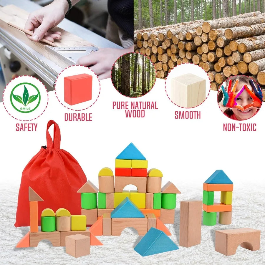 Large Wooden Building Blocks Set Educational Preschool Learning Toys with Carrying Bag Toddler Blocks Toys for 3+ Year Old Boy