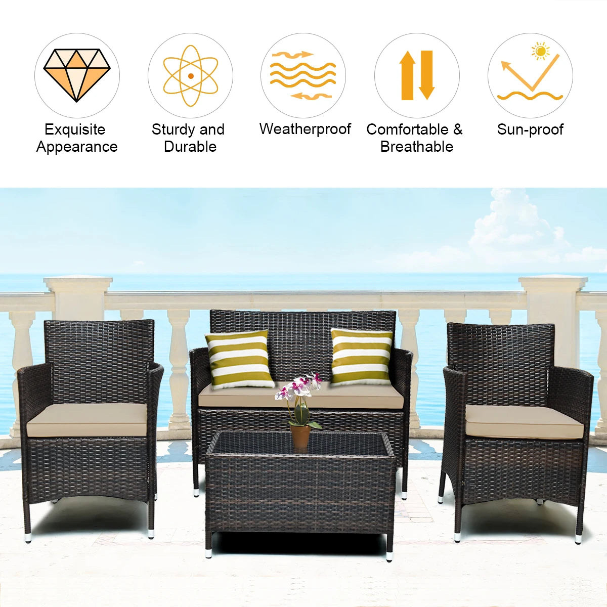 4PCS Patio Rattan Furniture Set Armrest Cushion Sofa Coffee Table withShelf Garden