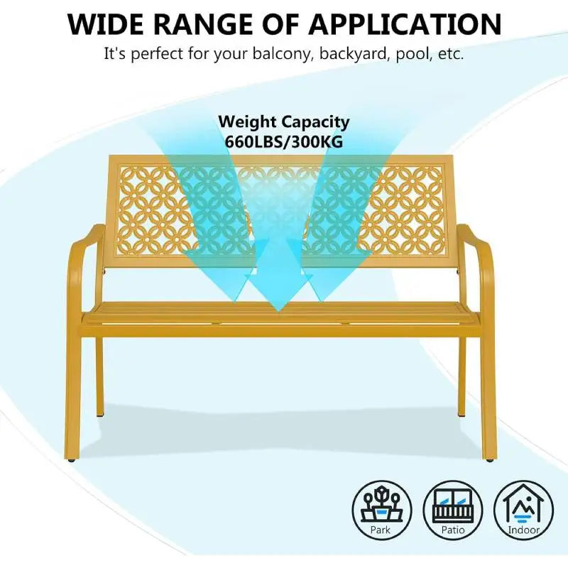 Outdoor Bench ,Powder-coat Steel Frame Garden Bench with Armrests for Lawn Yard Porch