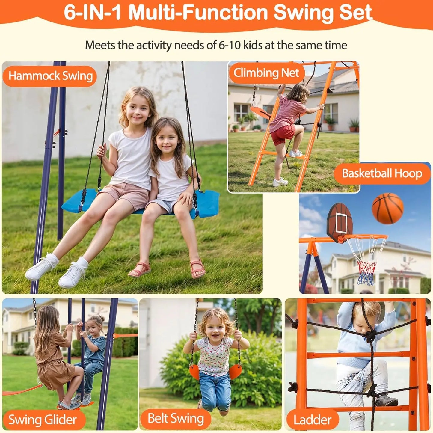 Outdoor Metal Swing Set for Kids, Heavy-Duty Metal Playground Set with Swings, Climbing Ladder, Trapeze Bar & Basketball Hoop, 6