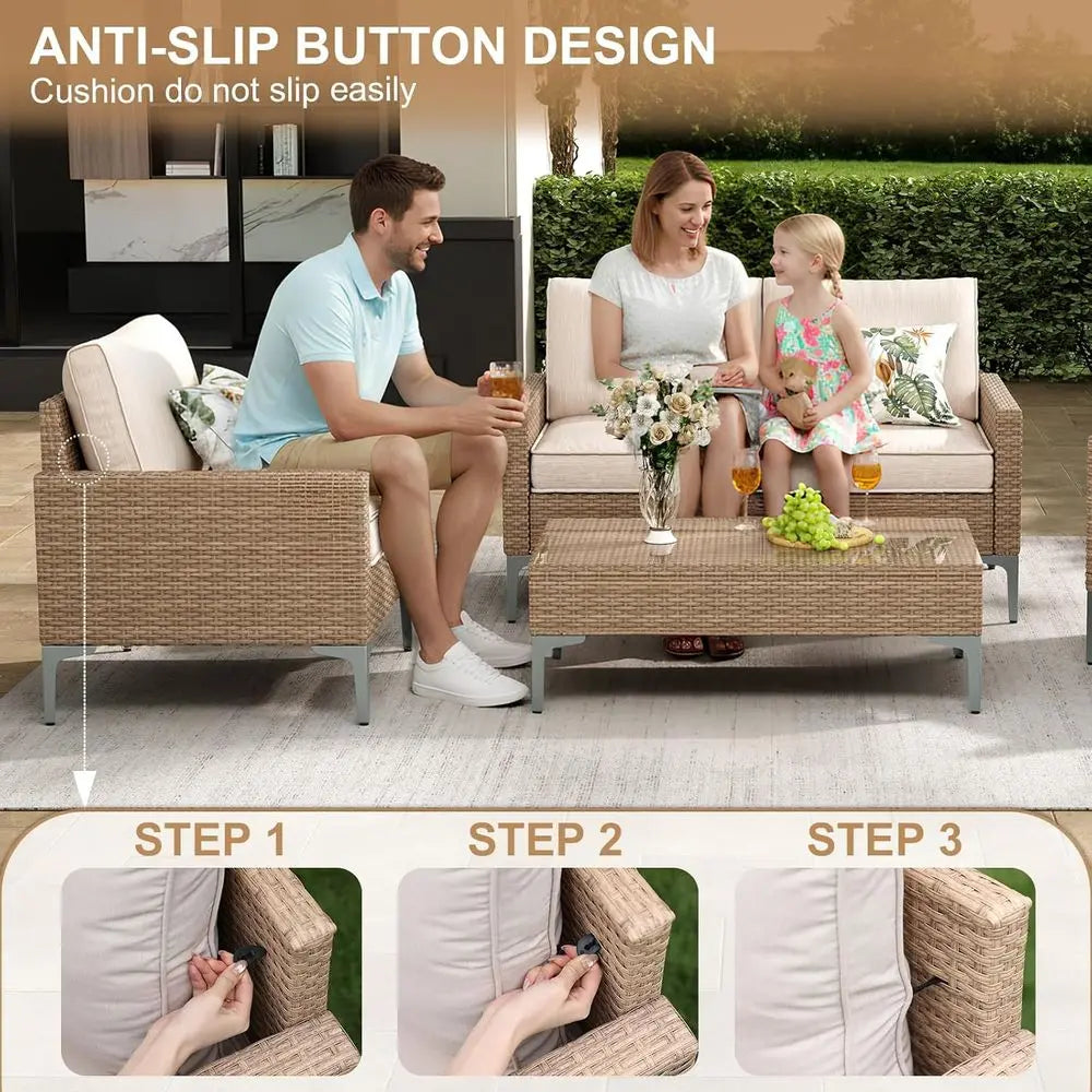 All Weather Wicker Patio Sectional Set With Tempered Glass Table Cushions Beige