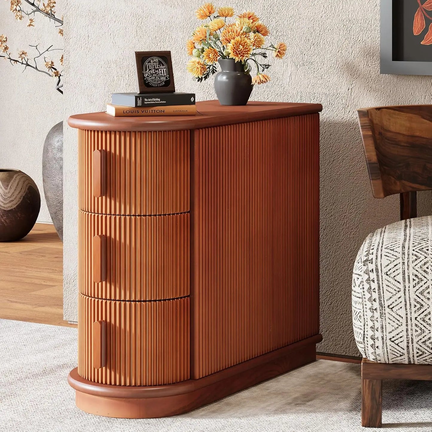 3-Drawer Wooden End Table,Modern Sofa Side Table, Narrow Chair Side Table Slim Nightstand for Living Room,Bedroom, Finished Back