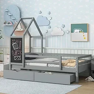 Twin Size Kids House Bed with Storage Drawers, Wooden Twin Bed Frame for Kids with Blackboard for Bedroom, Modern Montessori Twi