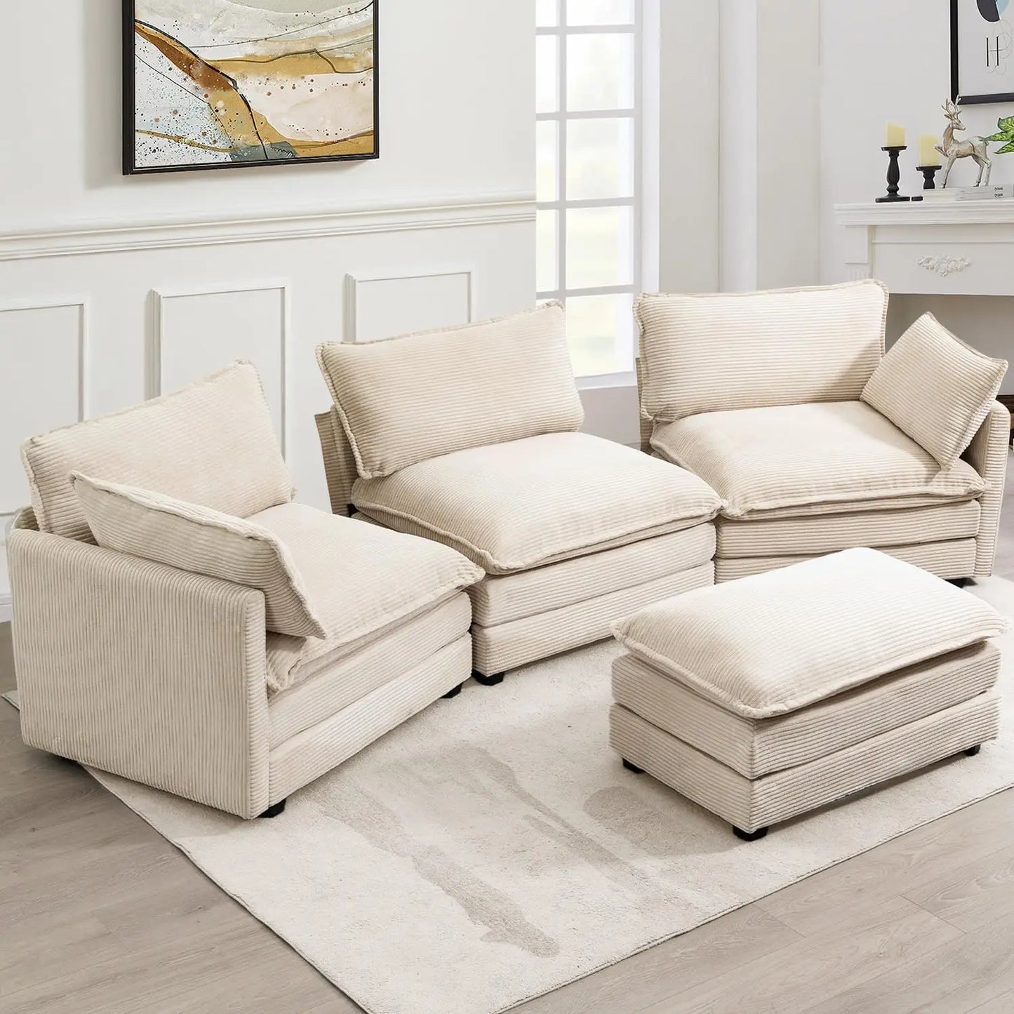 112 Inch 4 Seat Corduroy Sofa Set Convertible L Shaped Beige
