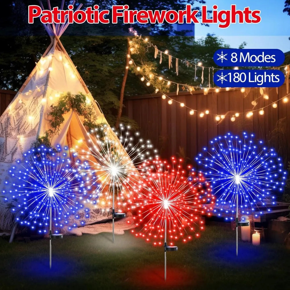 9 Pcs 4th Of July Solar Firework Stake Lights 180 LED 8 Modes Outdoor Decor