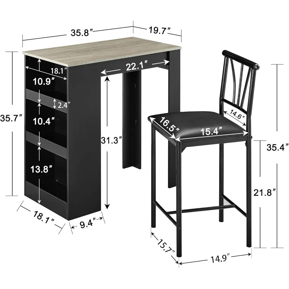 small bar table and chairs tall kitchen breakfast nook with stools/dining set for 2, storage shelves, space-saving, gray