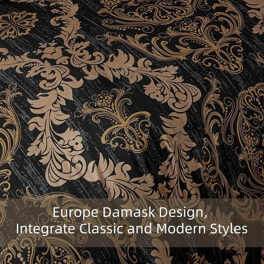Black King Size Comforter Set Gold Damask Microfiber Bed in a Bag 7 Pieces
