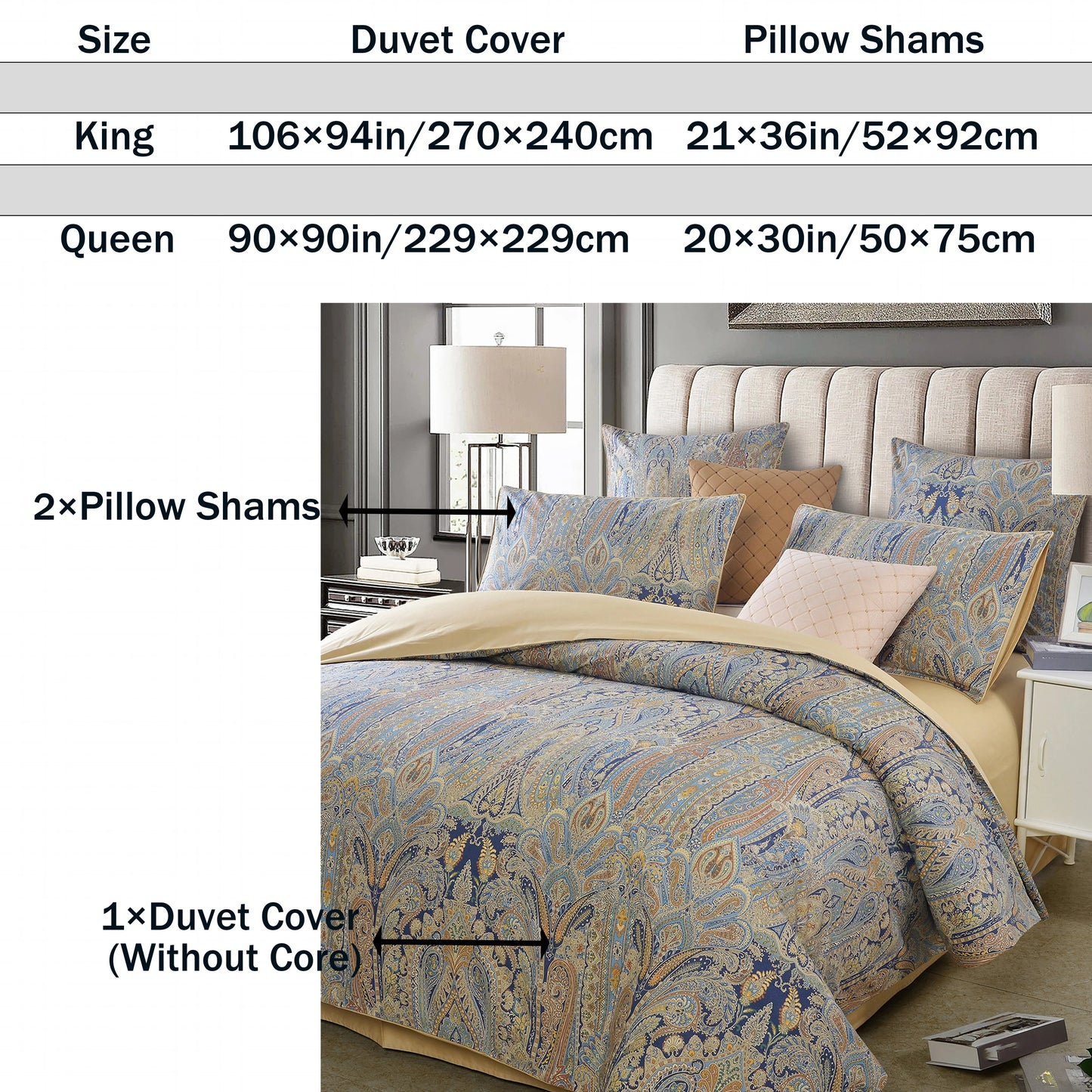3Pc 600TC 100 Percent Egyptian Cotton Duvet Cover Set Bohemian Paisley Royal