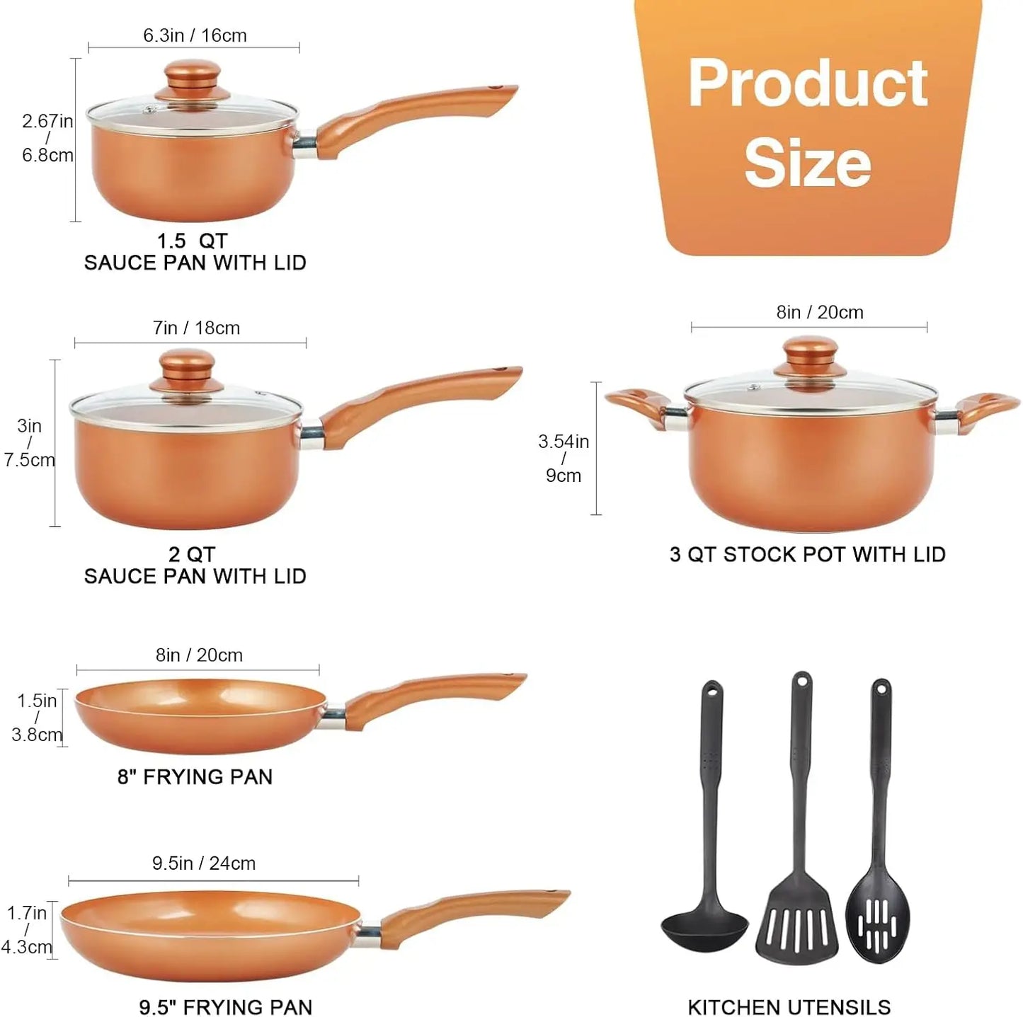 Pots and Pans Set Ultra Nonstick, Pre-Installed 11pcs Cookware Set Copper with Ceramic Coating, Stay cool handle & Nylon Kitchen