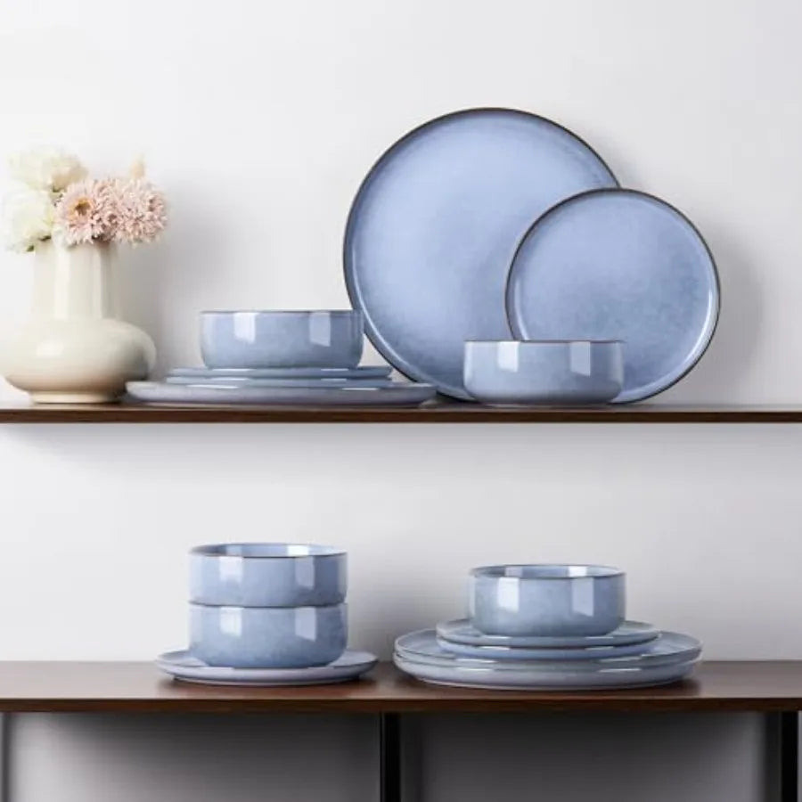 12-Piece Reactive Glaze Dinnerware Set For Four Plates And Bowls Microwave Safe