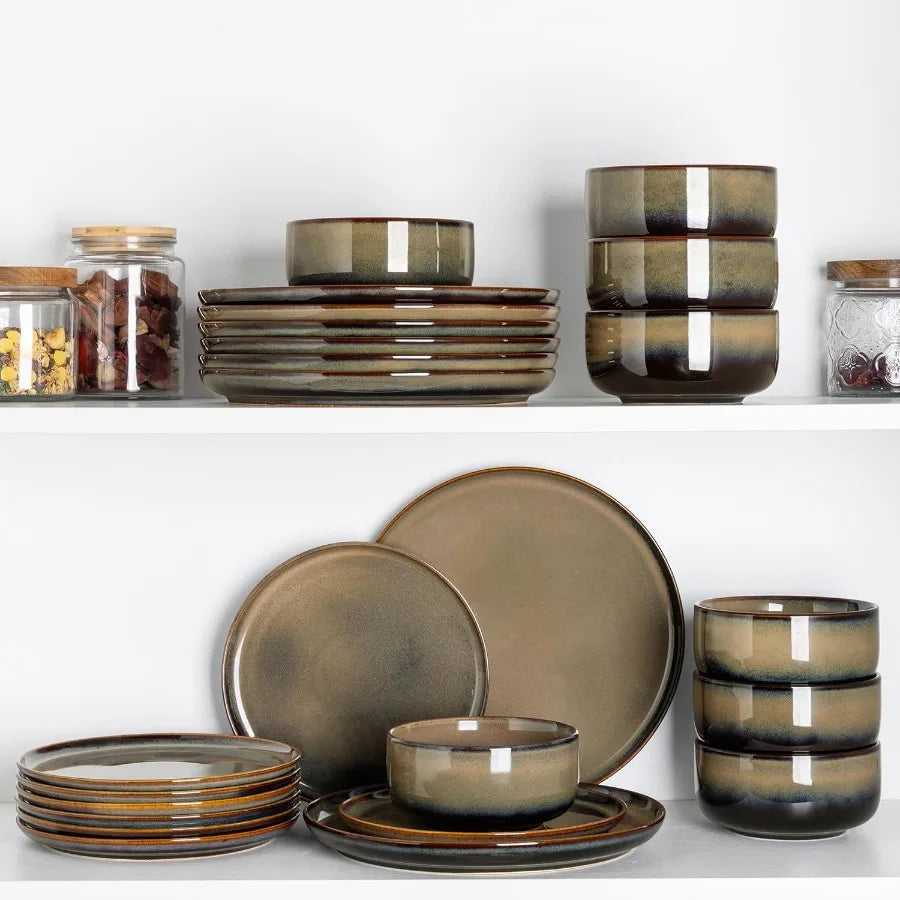 Ceramic Dinnerware Set For 8, 24 Pieces With Reactive Glaze Plates And Bowls