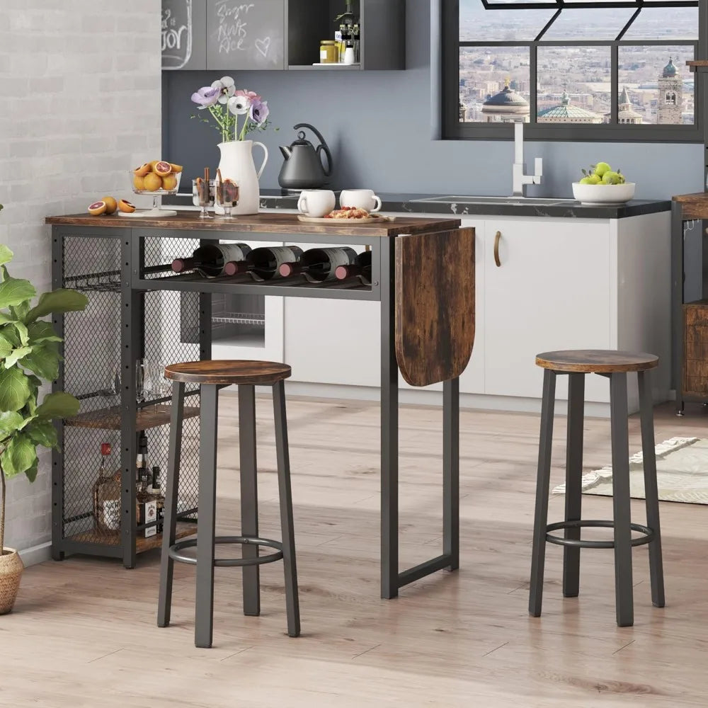 bar table and chair set, expandable dining table with 2 bar stools, industrial kitchen counter with wine rack & 3 tier adjustab