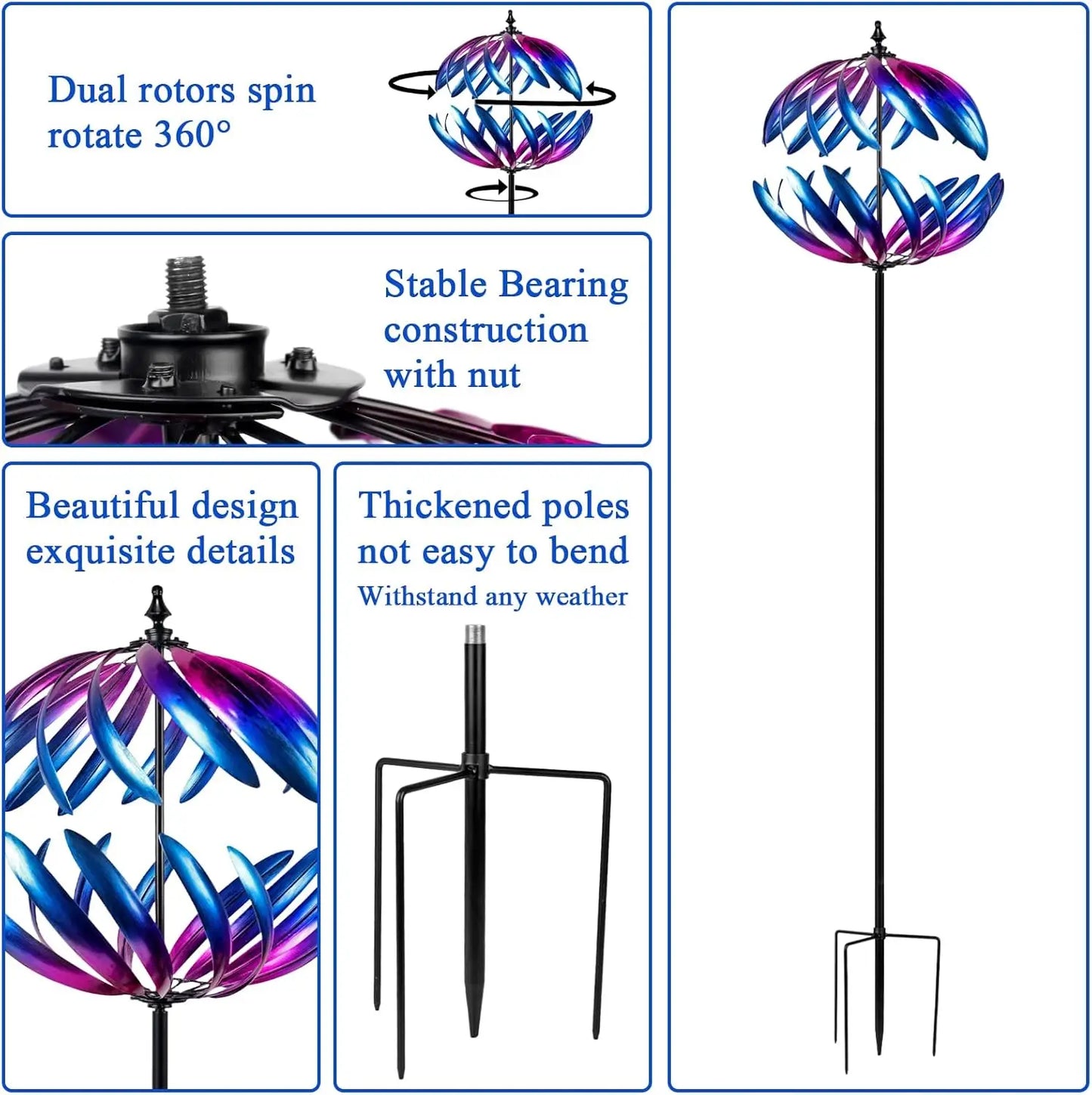 Kinetic Garden Wind Spinner, Double-Layer Metal Art, Blue and Purple Gradient, Outdoor Yard Decoration