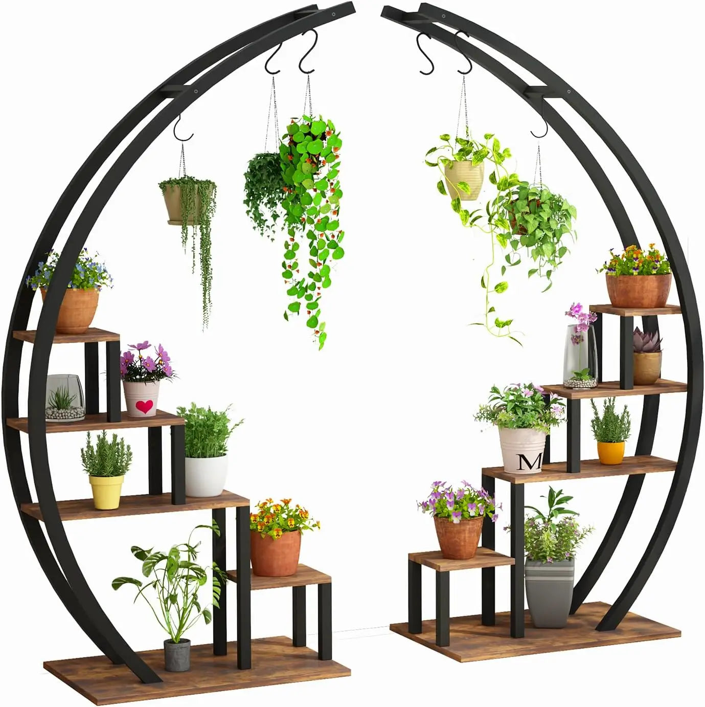 2pcs 5-Tier Metal Plant Stand Indoor Half Moon Shape Tall Garden Plant Holder Round Flower Shelf Rack for Home Patio Lawn Living