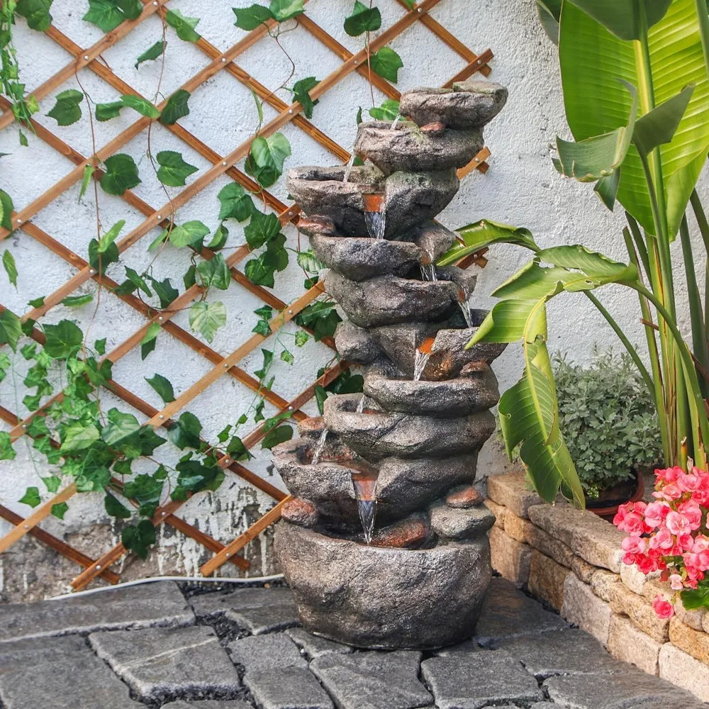 10-Tier Outdoor Rock Waterfall Fountain for Garden, Patio, Deck, and Pond Decor