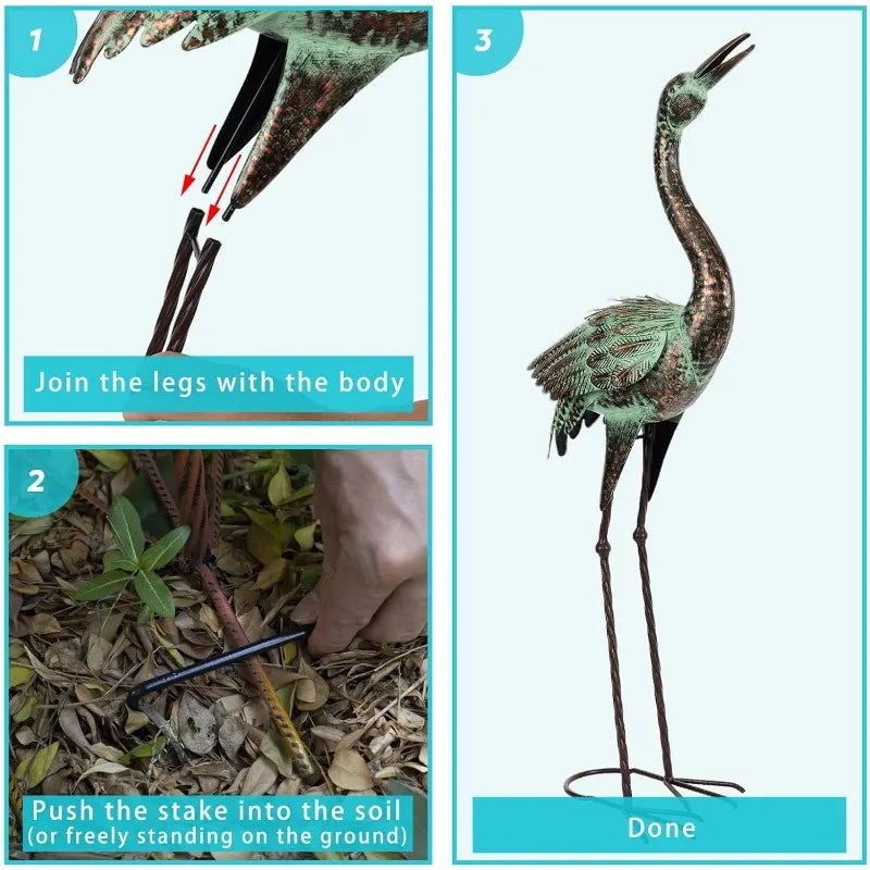 Metal Heron Sculpture with Patina Finish, Staked Garden Statue for Lawn, Pond & Landscape Decor