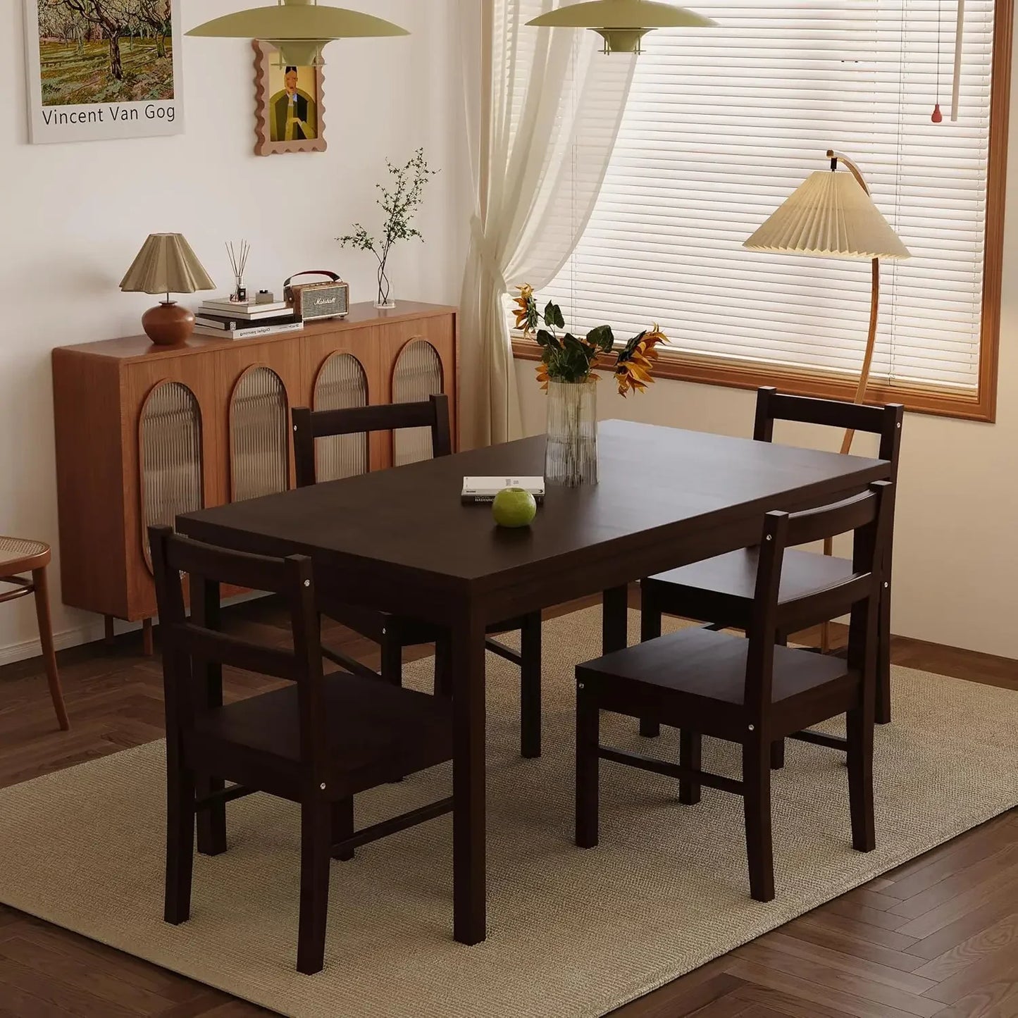 43.3 inch Solid Wood Indoor Modern Rectangular Dining Table Set for 4, Table and 4 Solid Wood Dining Chairs for Kitchen