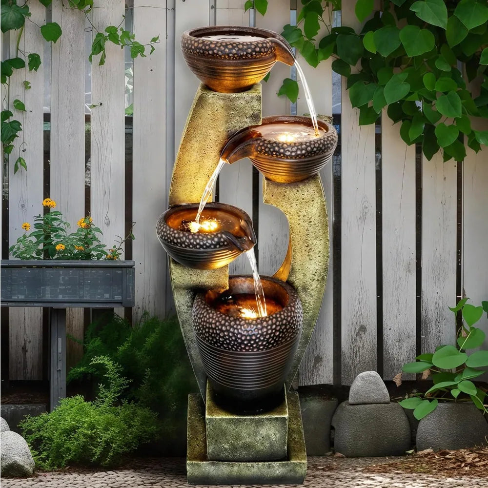 40” H Modern Outdoor Fountain - 4 Crocks Outdoor Garden Fountains With Contemporary Design&led Light For Garden, Patio,