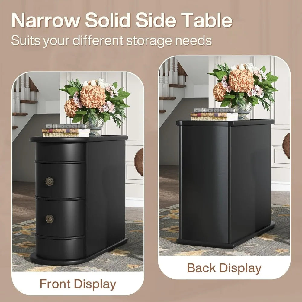 Black Wood End Table Set Of 2 Narrow 2 Drawer Slim