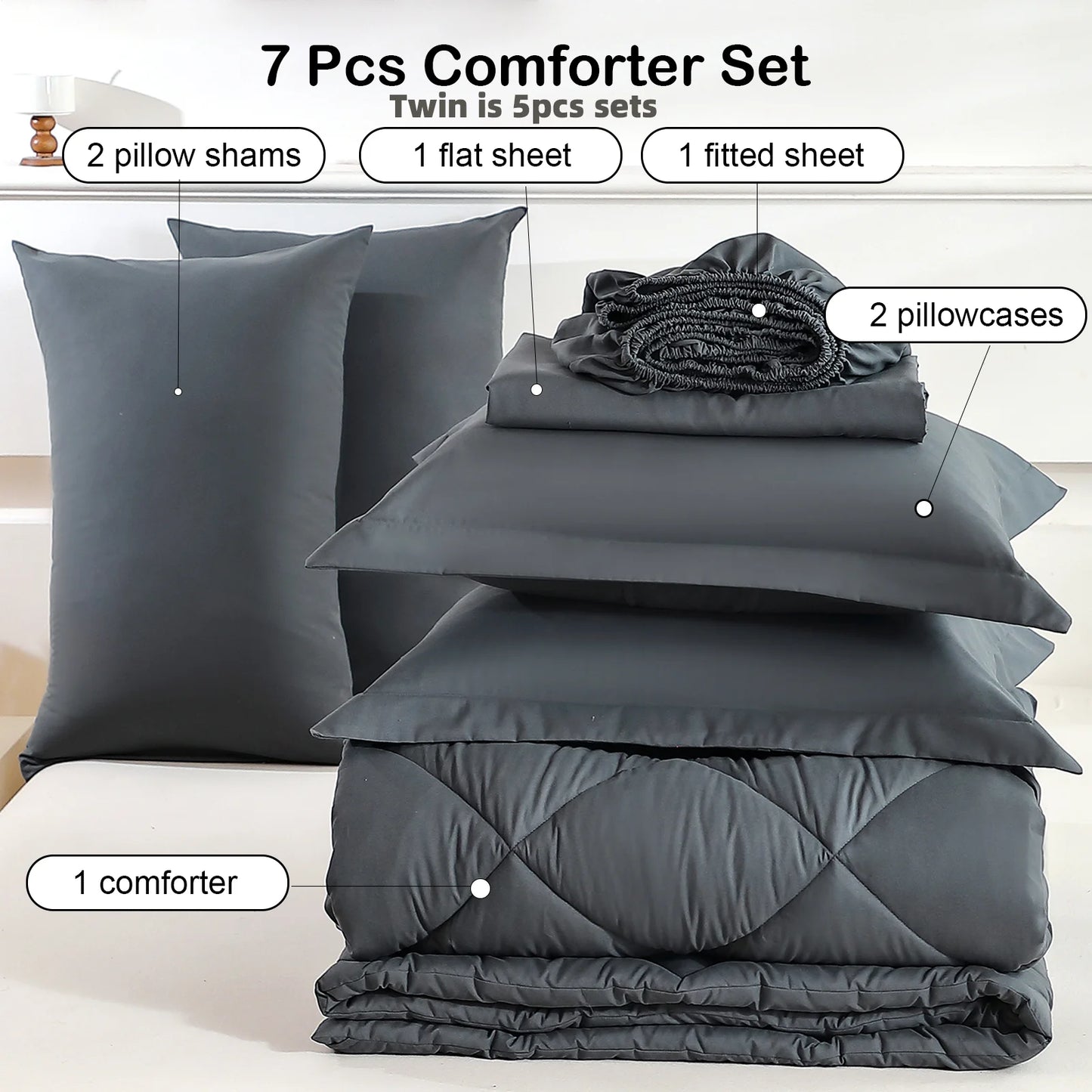 7 Pcs Twin Full Queen King Bedding Set Polyester Comforter Sheets Pillowcases