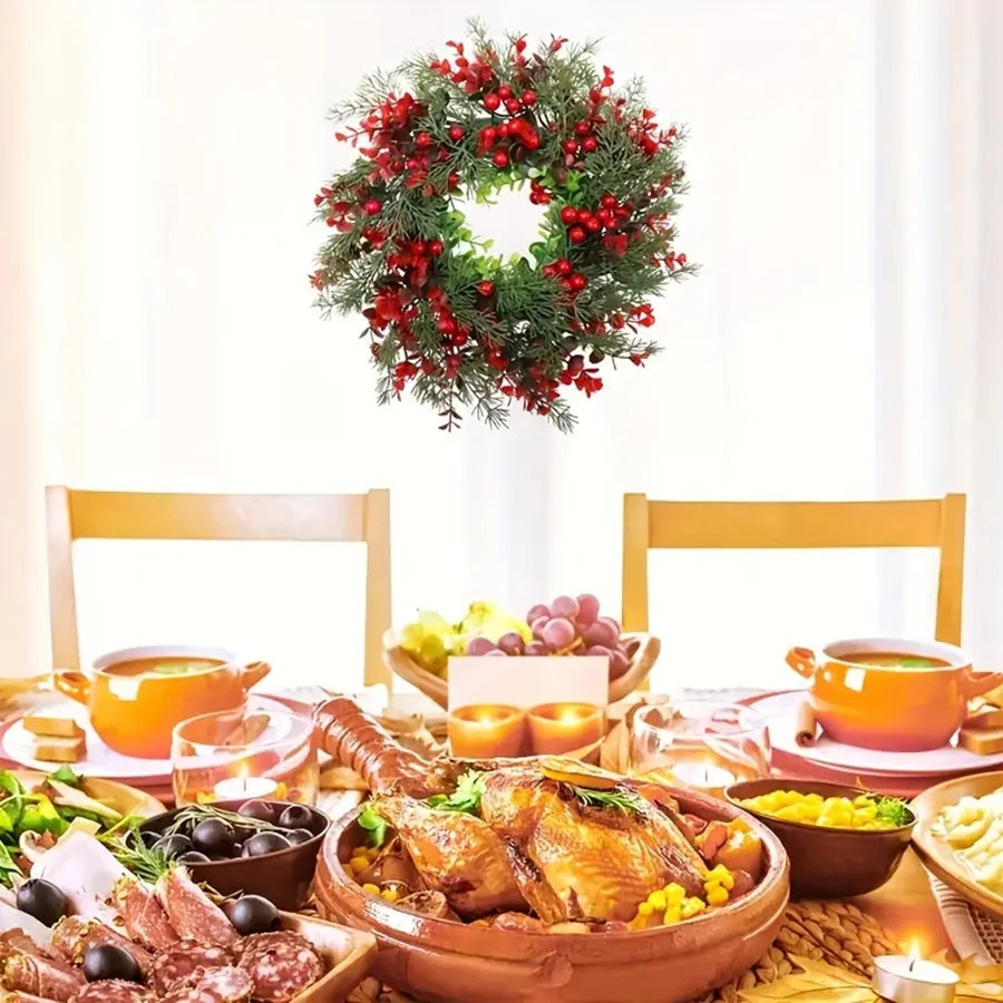 1Pc, Charming 13.8in Christmas Wreath with Red Eucalyptus Berries - Perfect for Front Door, Fireplace Mantle & Window Decor