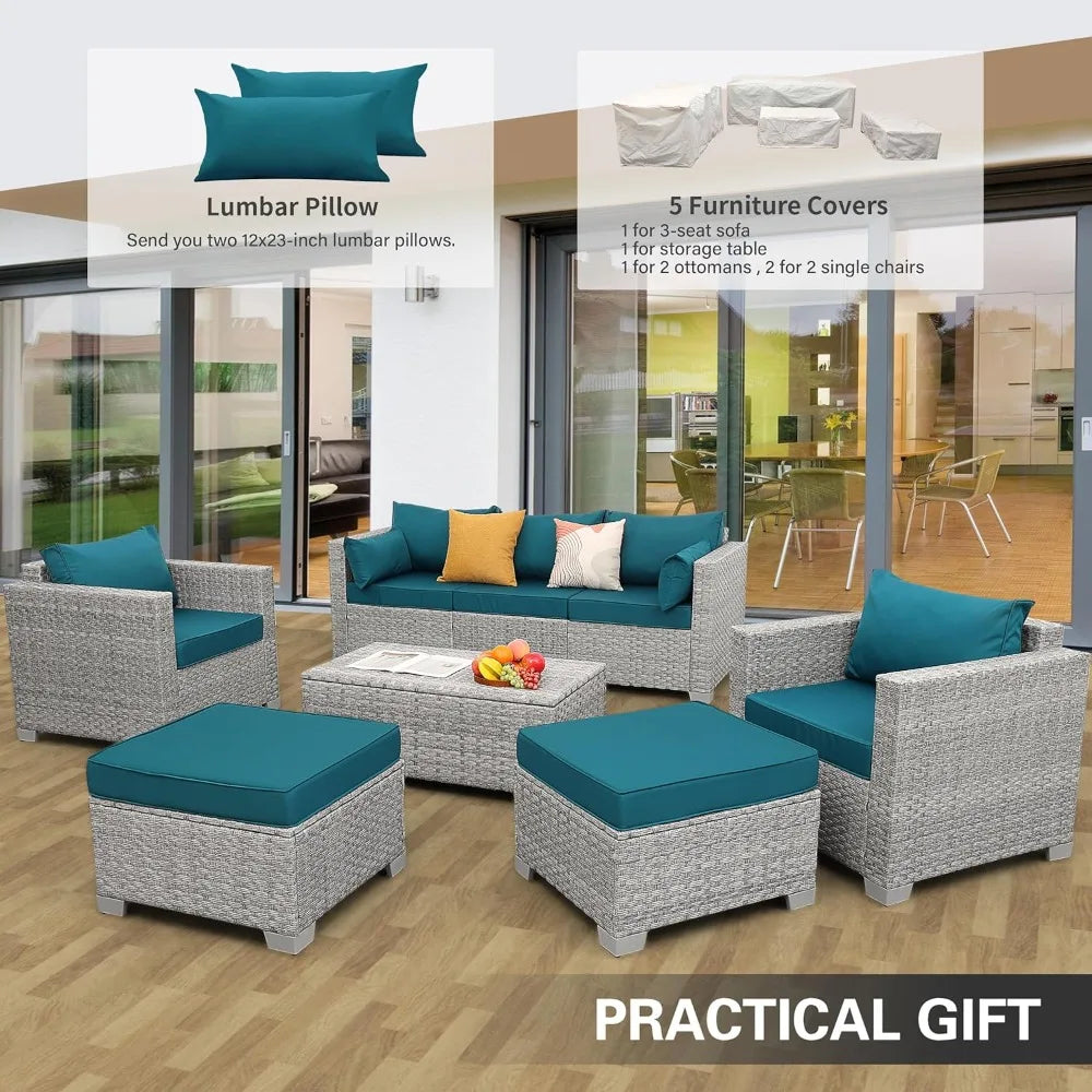 Patio Furniture Set 6 Piece Outdoor Patio Set Wicker Balcony Furniture Conversation Sets PE Rattan Couch Sofa with Coffee Table
