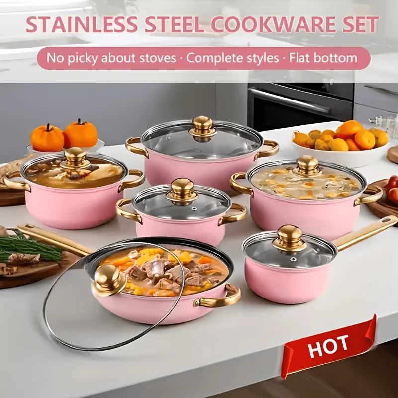 Stainless Steel Cookware Set 12 Piece Nonstick Fry Pan Stockpot Milk Pot Lid